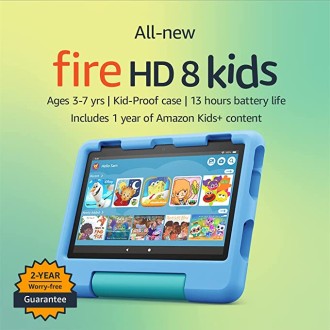 All-new Fire HD 8 Kids tablet, 8" HD display, ages 3-7, includes 2-year worry-free guarantee, Kid-Proof Case, 32 GB, (2022 release), Blue