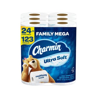 Charmin Ultra Soft Cushiony Touch Toilet Paper, 24 Family Mega Rolls = 123 Regular Rolls